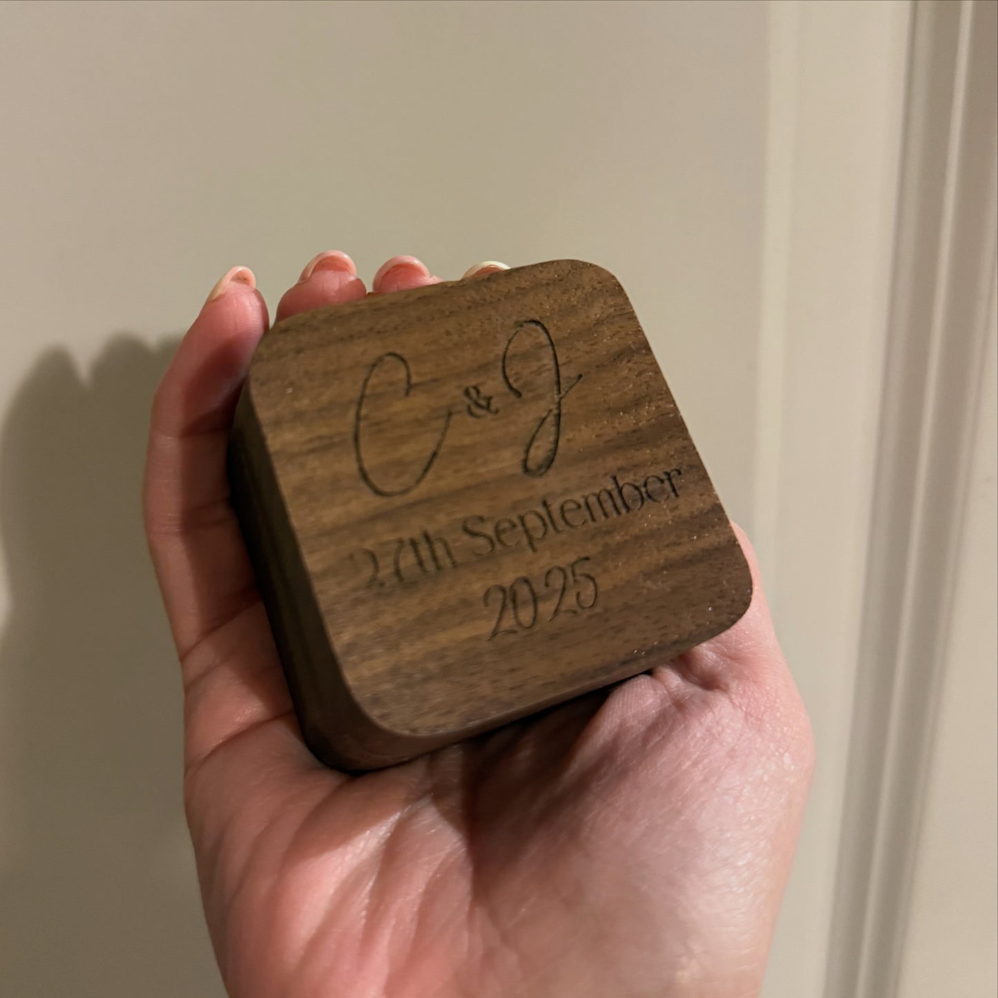Personalised engraved wooden double ring box