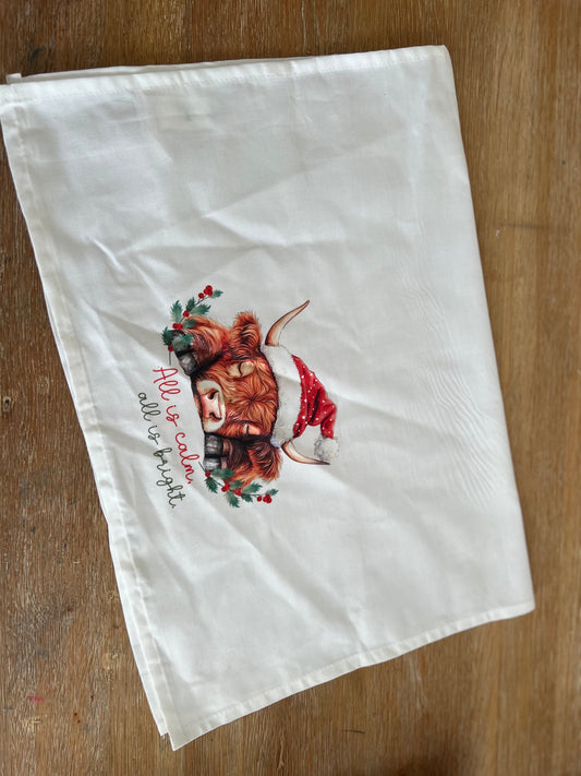 Highland Cow Christmas Tea Towel